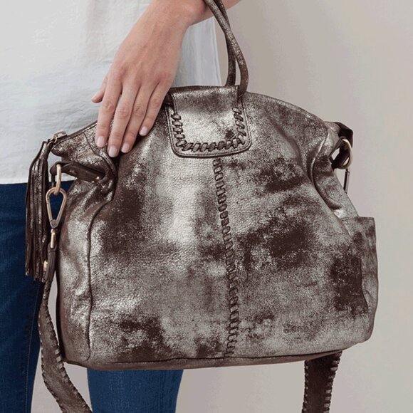 Hobo Shelia Brushed Metallic Heavy Metal Coffee Leather Shoulder Tote - Picture 11 of 11